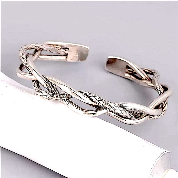 Braided Sterling Silver Bangle Cuff Bracelet - Picture 6 of 16